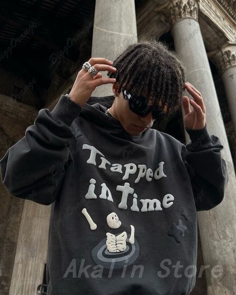 

men's hoodies sweatshirts harajuku 3d skull puff print hoodies oversized streetwear men cotton liner sweatshirt women couples y2k cloth, Black