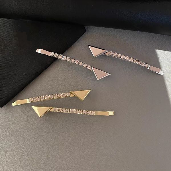 

2pcs/pair luxury p family diamond hair clips designers metal women girl triangle letter gold silver barrettes fashion hair accessories 2 col, Golden;silver