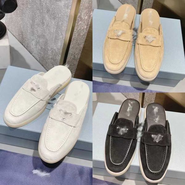 

classic black beige triangle loafer sandal mules 35-40 women size half slipper suede leather sandals pr cowhide slides trainer slip flip flo