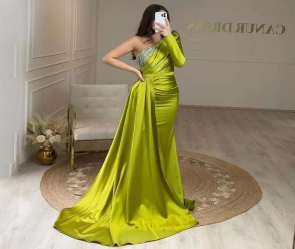

olive green prom dresses one shoulder long sleeve beads sequins pleats long satin evening occasion gowns formal vestidos7911598, Black