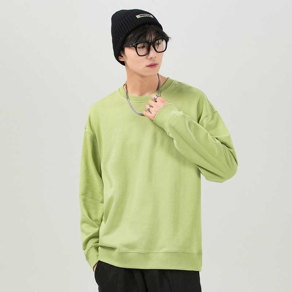 

330g amikaki loose fashion solid cotton thickened large round neck men's sweater, Black