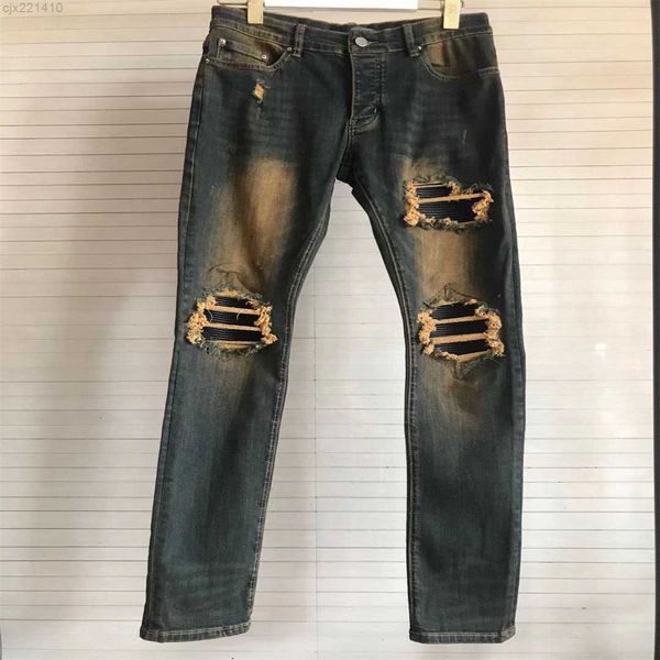 

2023 jeans pants washing high street fashion detail knee black embroidery alphabetmen motorcycle vintage jean pants nw75, Blue