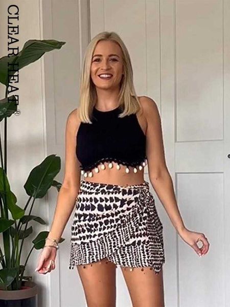 

women vintage print with beaded wrap mini skirt fashion high waist back zipper skirts 2023 summer female high street skirts l230621, Black