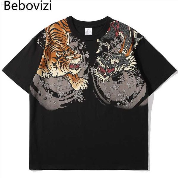 

men's t-shirts japanese style tiger dragon print t shirt fashion vintage streetwear hipster tshirt men casual short sleeve t-shirt clot, White;black