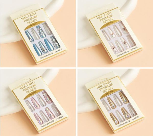 

false nails 24pcs long ballet with jelly glue marble smudge rhinestone design fake nail art wearable press on tips4311157, Red;gold