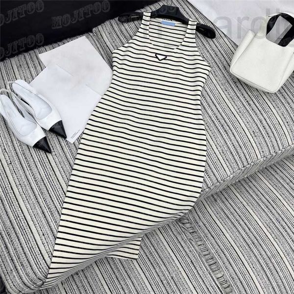 

plus size dresses designer striped vest for women metal badge split long skirts vacation style lady casual slim dress 2oll, Black