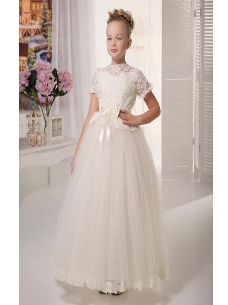 

2019 fashion pretty whiteivory lace flower girls dresses with sleeves kids puffy prom dress tulle ball gown little bride dress2510942, White;blue