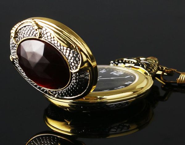 

vintage gold pocket watch men evil dragon golden tone case big red crystal retro red garnet inset luxury necklace gift 2206062761970, Slivery;golden