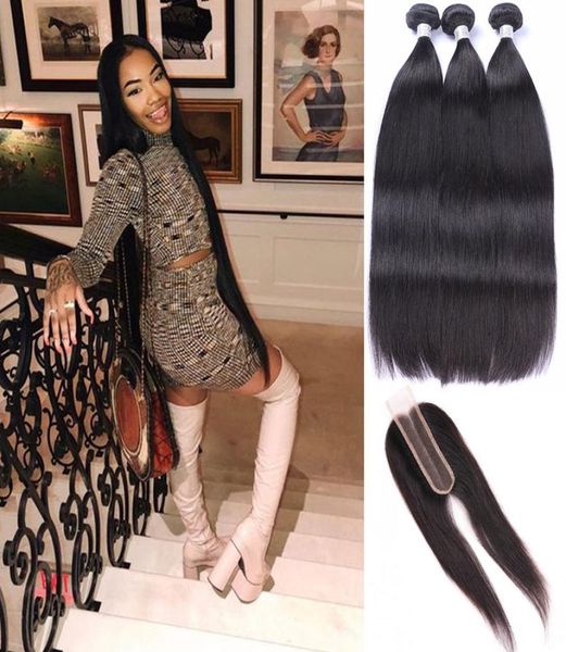 

indian virgin hair 3 bundles with 2x6 lace closure baby hair straight human hair bundles with 26 lace closure 830inch7019610, Black;brown