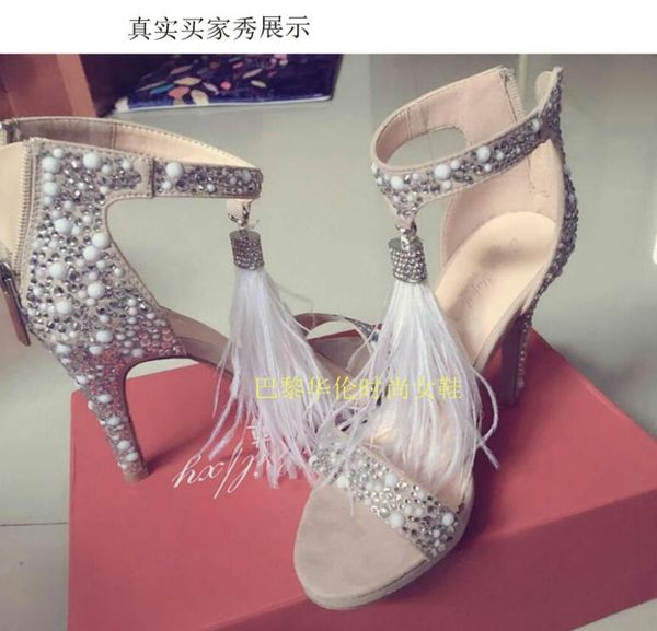 

fashion feather wedding shoes 4 inch high heel crystals rhinestone bridal shoes with zipper party sandals shoes for women size us41352375, Black