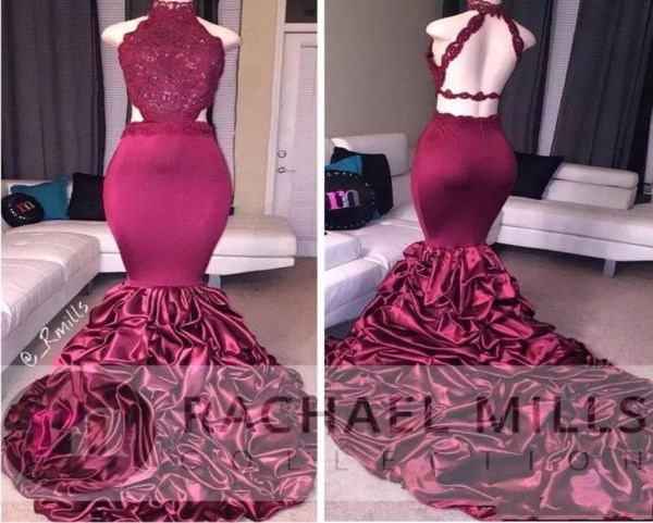 

2018 new mermaid prom dresses 2k18 high neck illusion lace appliques beaded satin tiered ruffles backless evening dress party form6268122, Black