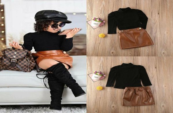 

spring autumn new arrival girls fashion clothes set 2 pieces suit sweater pu leather skirt kids sets girl clothes 05 years7200341, White