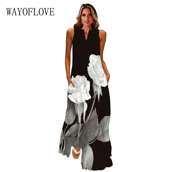 

basic casual dresses wayoflove ladies spring summer long dres black sleeveless loose v neck elegant party rose print vintage 230629, Black;gray