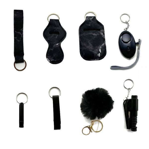 

black fashion women self-defense keychain eight-piece set with liquid bottle set lipstick set bottle opener alarm hairball window breaker sa, Silver