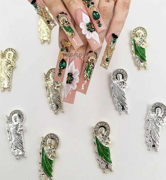 

nail art decorations 10pc 3d nail charms san judas luxury metal nails art charm gold plated rhinestones crystal diy manicure decor3207856, Silver;gold
