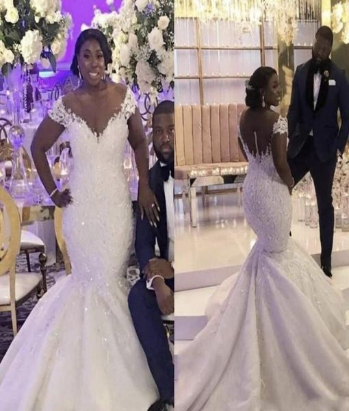 

plus size mermaid wedding dresses sheer neckline sequins beads lace appliques african bridal dress back buttons wed gowns4458880, White