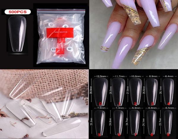 

500pcsbag long ballerina nails clear natural coffin false nail art tips ultra flexible fake full cover designs manicure1371737, Red;gold