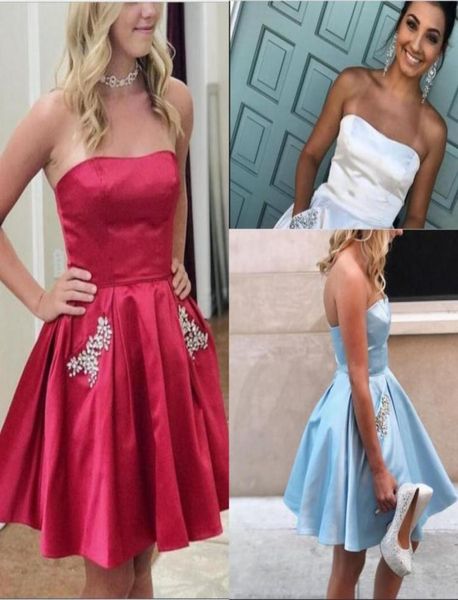 

short homecoming dresses ruched satin crystal pockets plus size dark red light sky blue strapless party gowns prom dresses8498636, Blue;pink