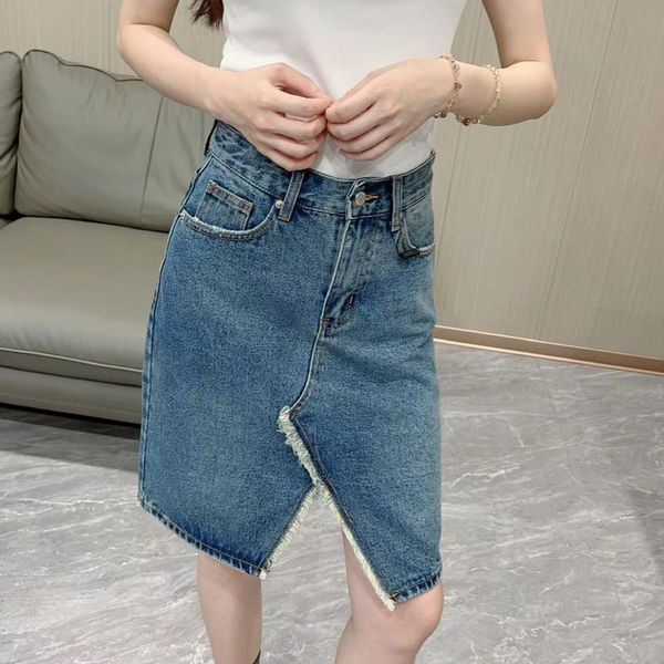 

new recommended asymmetric raw edge split denim skirt classic triangular logo decoration women's jeans for designer woman clothing, Blue