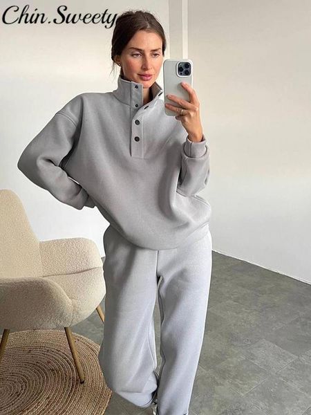 

women's tracksuits chin sweety fleece sweatshirt sets casual buttons stand collar loose pullover high waist sports pants two piece 2306, Gray