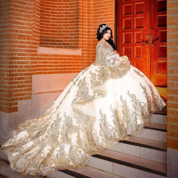 

champagne o-neck long sleeves quinceanera dresses beading lace appliques sequined party princess sweet 15 ball gown, Blue;red