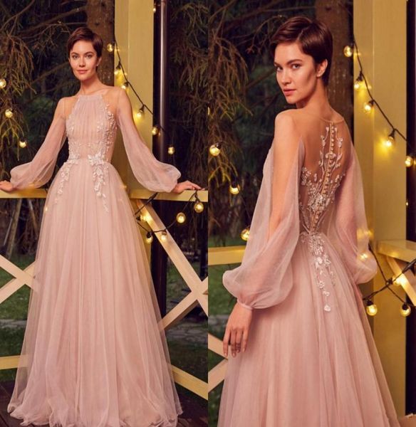 

blush pink evening dresses scoop neck appliqued beaded prom dress long sleeves ruffle sweep train custom made formal party gown6217334, Black