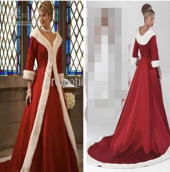 

long sleeves cloak winter ball gown wedding dresses red warm formal dresses for women fur appliques christmas jacket bridal go4092306, White