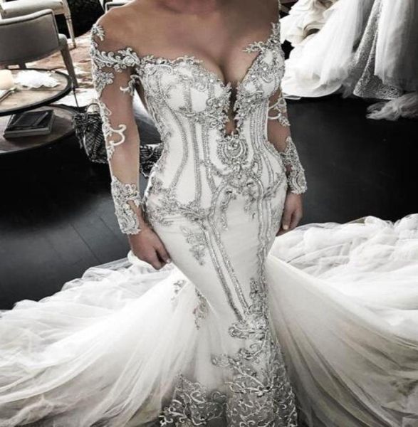 

luxury crystals mermaid wedding dresses long sleeve sheer neck lace bridal gowns with beads sequins sweep train plus size wedding 2021947, White