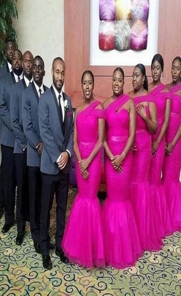 

african fushia mermaid bridesmaid dresses for black girl plus size one shoulder tulle maid of honor gowns floor length wedding gue4441032, White;pink