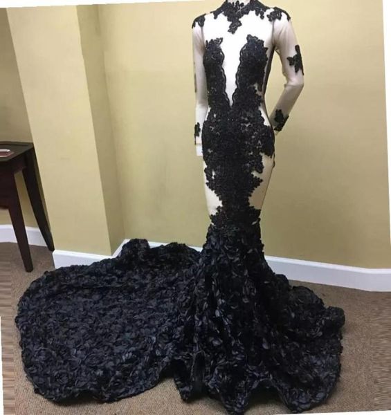 

2k18 black girl mermaid prom dresses plus size high neck long sleeves appliqued evening dress attractive 3d rose floral prom party6500112