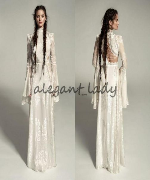 

meital zano great victoria medieval wedding gown with bell sleeves vintage crochet lace high neck gothic queen wedding dresses7875614, White