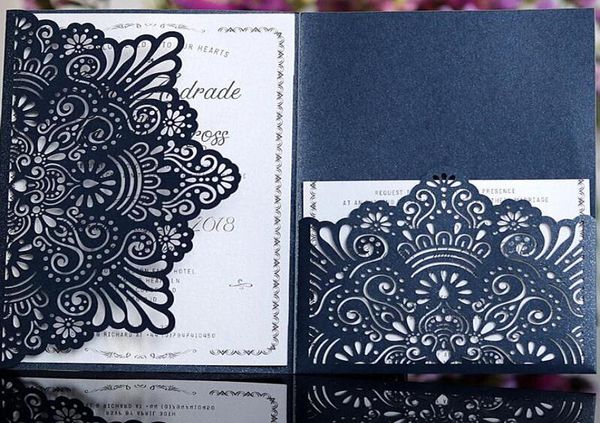 

elegant card invitation customized pocket tri folding business invitation card white blue flower laser cuttingno inner no envelop2996973, Black