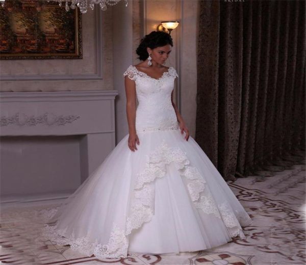 

custom made elegant vneck mermaid wedding dresses long 2019 new ivory applique lace and tulle bridal gowns7597688, White
