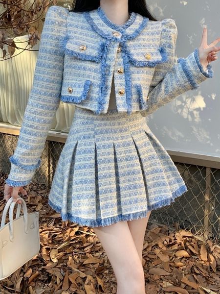 

two piece dress tassel small fragrance tweed 2 piece set women short jacket coat skirt sets korean fashion sweet two piece suits 230629, White