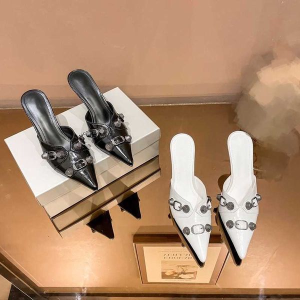 

8cm closed toe cagole slippers women's studded buckled kitten heel slides pointed toe heel sandal leather black white pump mules logo s