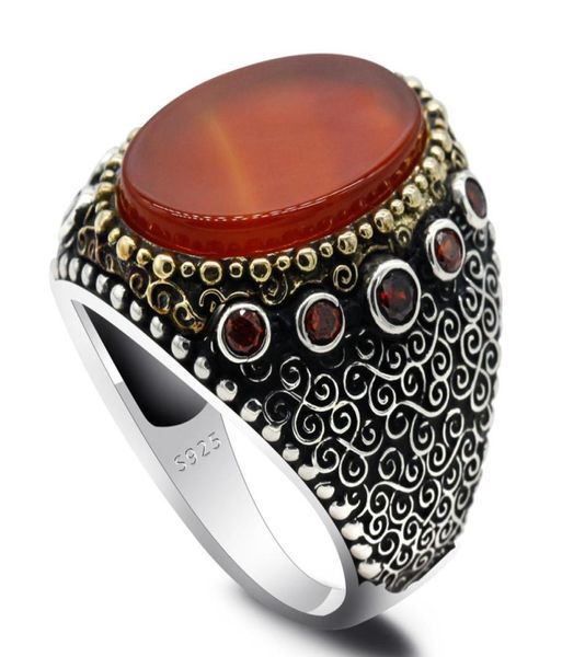 

vintage turkey jewelry men ring 925 sterling silver natural red agate stone and cz with exquisite carved women male rings gift1345808, Golden;silver
