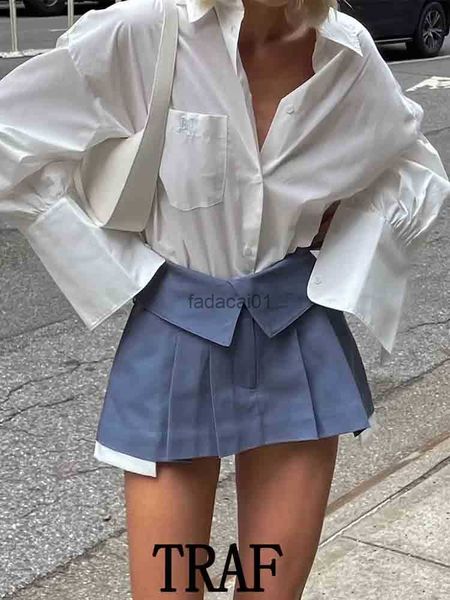 

traf 2023 women fold waist wide pleated mini skirts fashion slim high waist autumn causal elegant aline skirts l230621, Black
