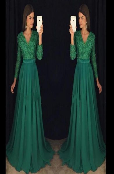 

emerald green evening dresses elegant chiffon beaded sashes formal long prom gowns with long sleeves vneck sweep train party gown4518291, Black;red