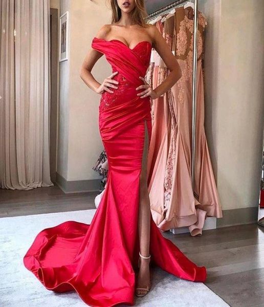 

new one shoulder sweetheart mermaid dresses evening wear high side split applique ruched long sweep prom dresses3144464, Black;red