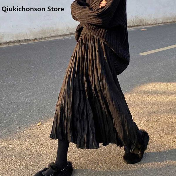 

2022 autumn winter wrinkled black pleated skirt women korean style casual high waisted aline long skirts midi falda plisada l230621