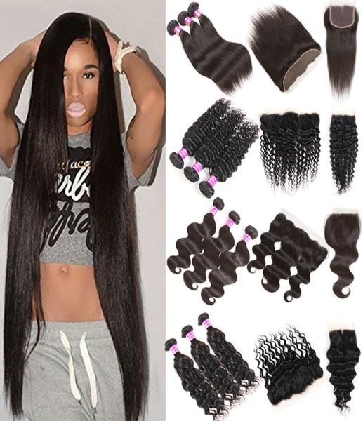 

brazilian virgin hair straight body wave natural water wave bundles with lace frontal closure human virgin hair extensions weft7818605, Black