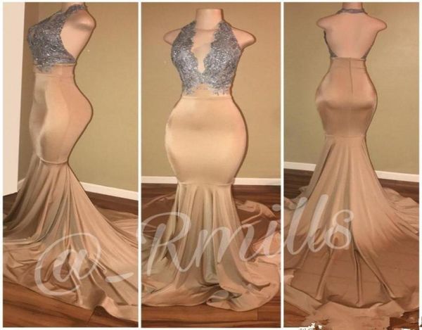 

silver gold champagne prom dresses mermaid backless halter neck formal african black girls evening dress pageant gowns1960047
