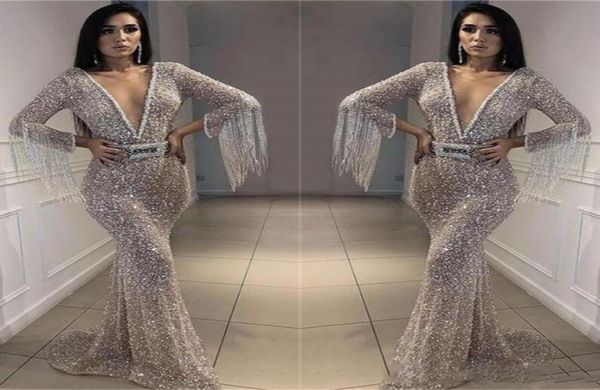 

sparkly silver prom dresses bling bling sequined mermaid evening gowns deep v neck long sleeves with tassel arabic formal party dr1353487, Black