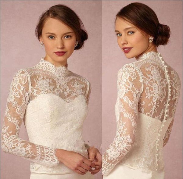 

bhldn 2019 wedding bridal wraps long sleeve high neck wedding lace jackets bolero wraps new button back custom made bridal jacket8458235, White