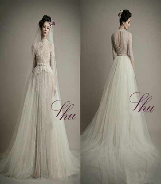 

a line high neck beach wedding dresses lace appliques beaded pearls long sleeve boho wedding gowns custom made plus size bridal dr1072821, White