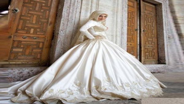 

vestido noiva muslim wedding dress 2019 modest long sleeves appliqued wedding gown satin ball gown wedding dresses robe de mariage7500778, White