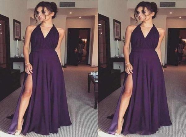 

2019 halter purple long evening dresses v neck sleeveless chiffon side split bridesmaid dresses party prom gowns1394472, Black;red