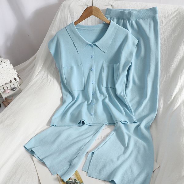 

women's tracksuits summer womens soild knit lapel buttoned sleeveless pocket vest with side slit wide leg mopping pants knit two piece, Gray