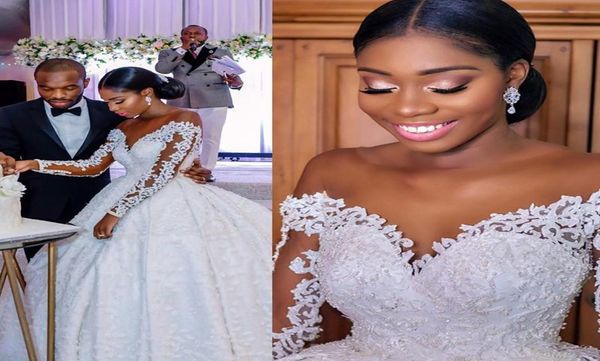 

2022 plus size arabic aso ebi lace beaded luxurious wedding dress sheer neck long sleeves bridal gonws dress zj2559955768, White