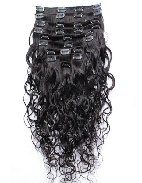

wet and wavy clip indian human hair extensions full head clip in hair extensions water wave 10pcsset 120gset 8348932, Black;brown
